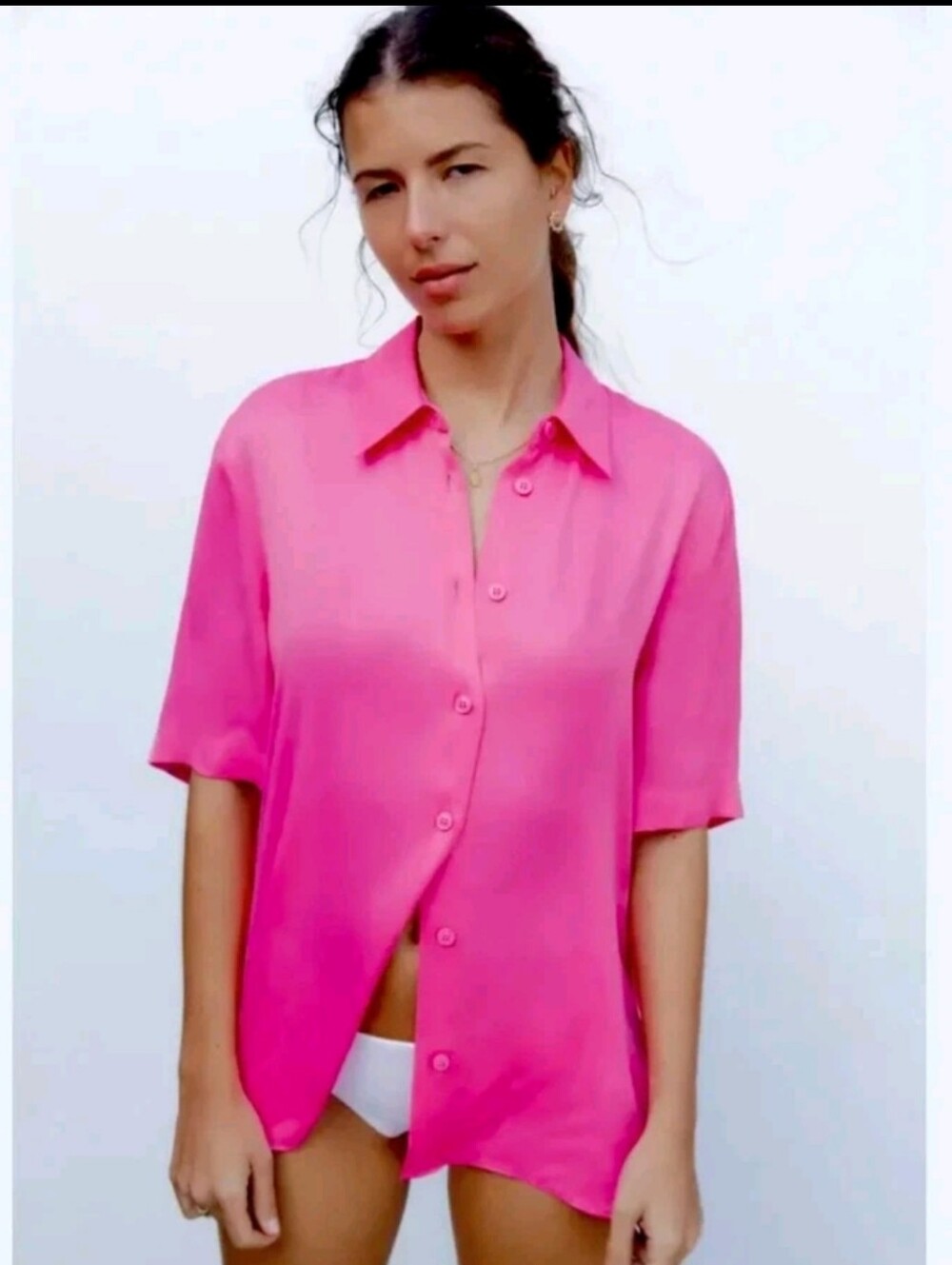 Zara Fuschia Satin Effect Button Up Blouse S/M EUC-jcrew-banana-aritzia